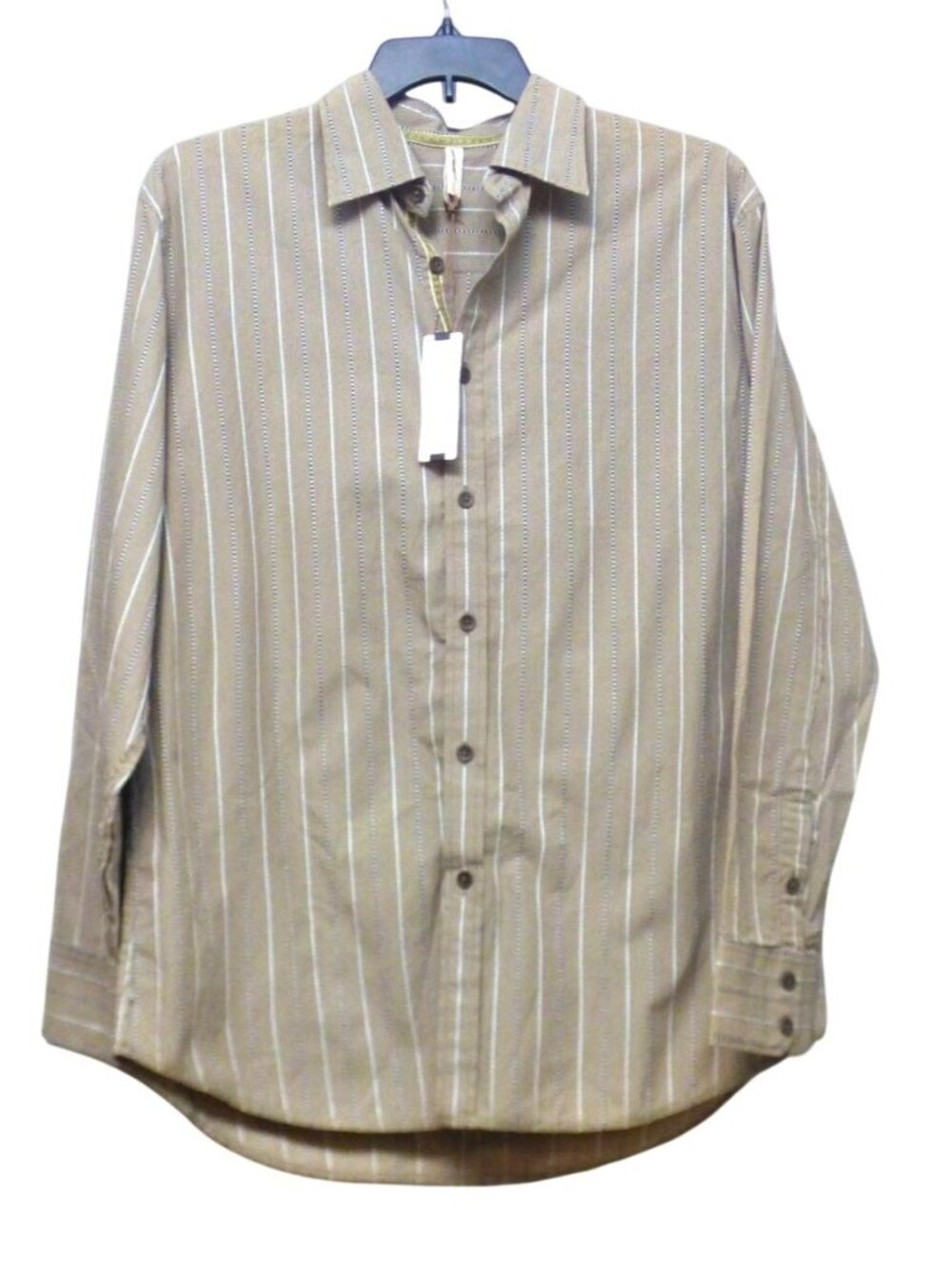 Transcript Men’s Striped Exposed Seam Casual Button Down Shirt, L, Taupe